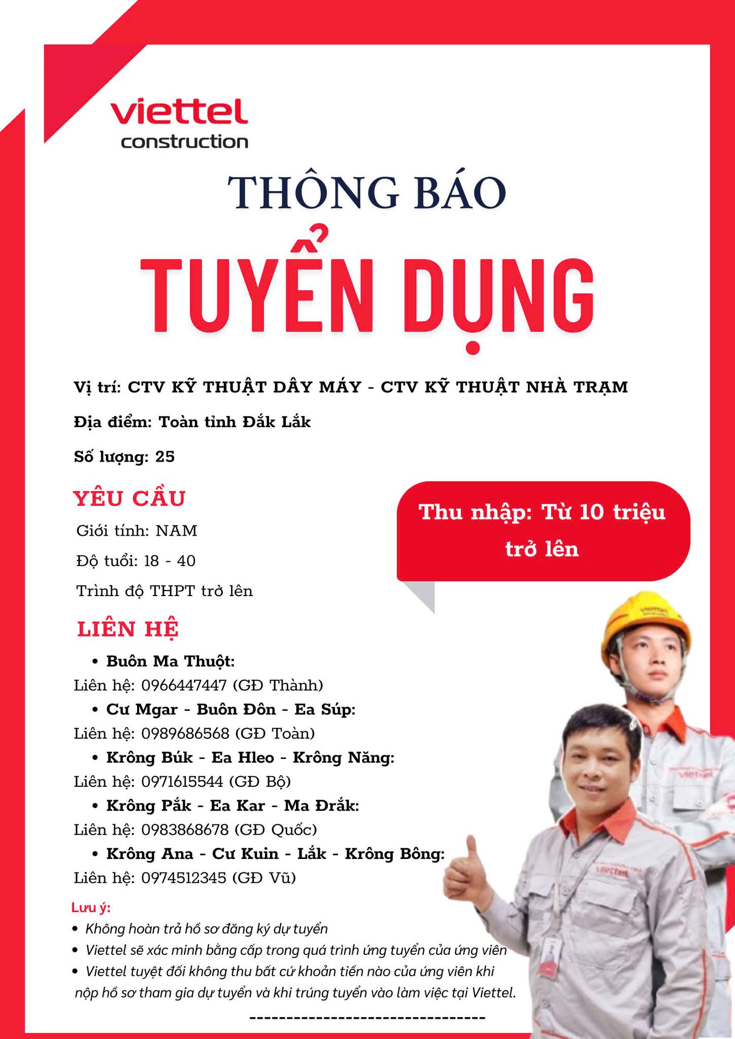 Viettel Construction tuyển gấp 25 CTV Kỹ thuật làm việc tại Đắk Lắk