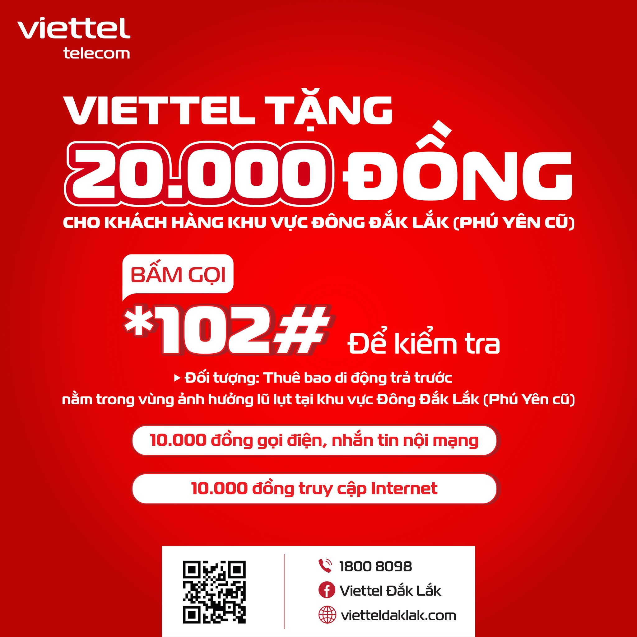 Viettel hỗ trợ 20.000 đồng cho khách hàng Đông Đắk Lắk (Phú Yên cũ) trong thời điểm mưa bão