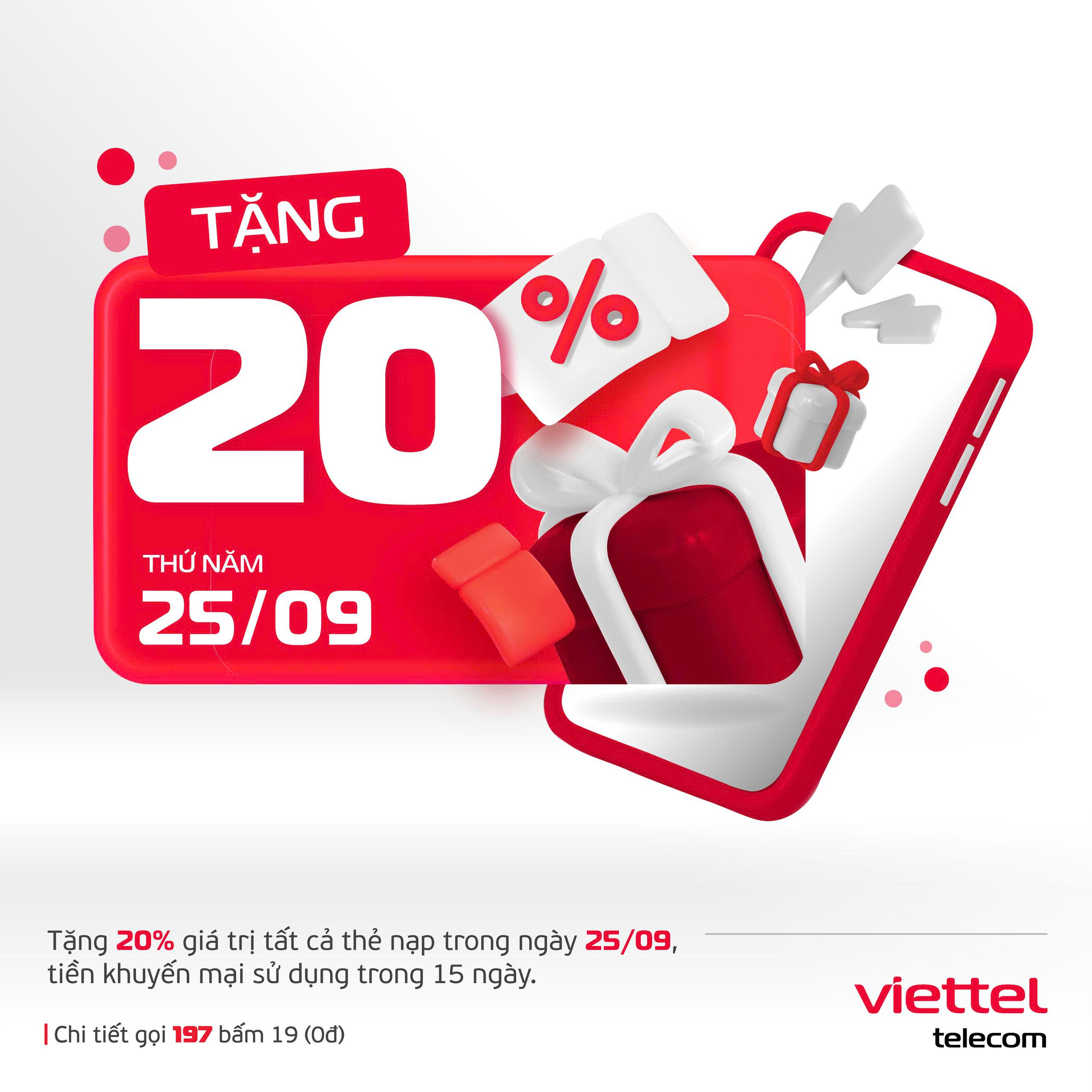 Viettel Khuyến Mãi 20% Giá Trị Thẻ Nạp Duy Nhất Ngày 25/9/2025