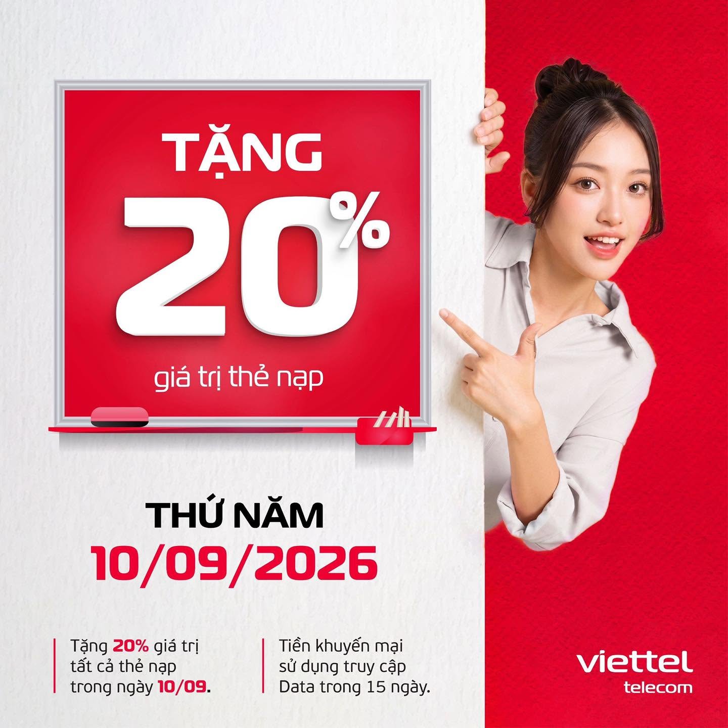 Viettel Khuyến mãi 20% giá trị thẻ nạp trong ngày 10/9/2026
